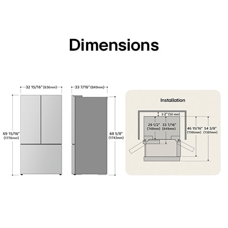 Dessin technique du réfrigérateur à portes françaises LG LF25S6330D : H 69 15/16 po (1776 mm), L 32 15/16 po (836 mm), P 33 7/16 po (849 mm), dégagements incl.