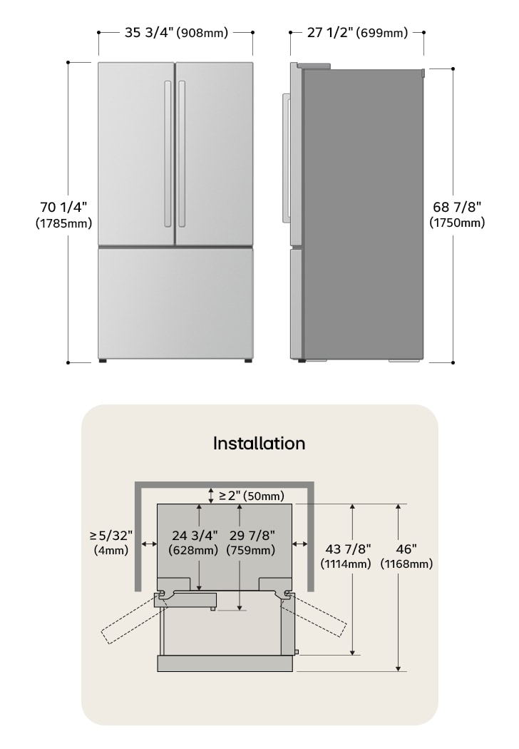 Dessin technique du réfrigérateur à portes françaises LG : H 70 1/4 po (1785 mm), L 35 3/4 po (908 mm), P 27 1/2 po (699 mm), dégagements incl.