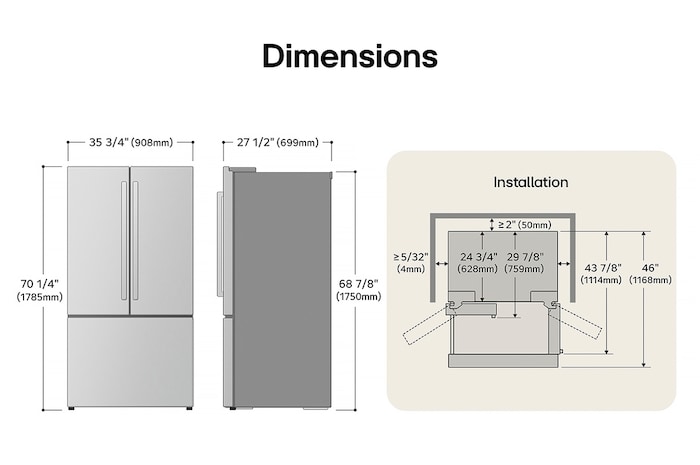 Dessin technique du réfrigérateur à portes françaises LG LF24Z6530S : H 70 1/4 po (1785 mm), L 35 3/4 po (908 mm), P 27 1/2 po (699 mm), dégagements incl.