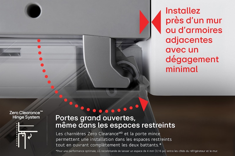 Gros plan sur la charnière Zero Clearance™ du réfrigérateur LG LF24Z6530S, permettant aux portes de s'ouvrir complètement même dans les espaces restreints.