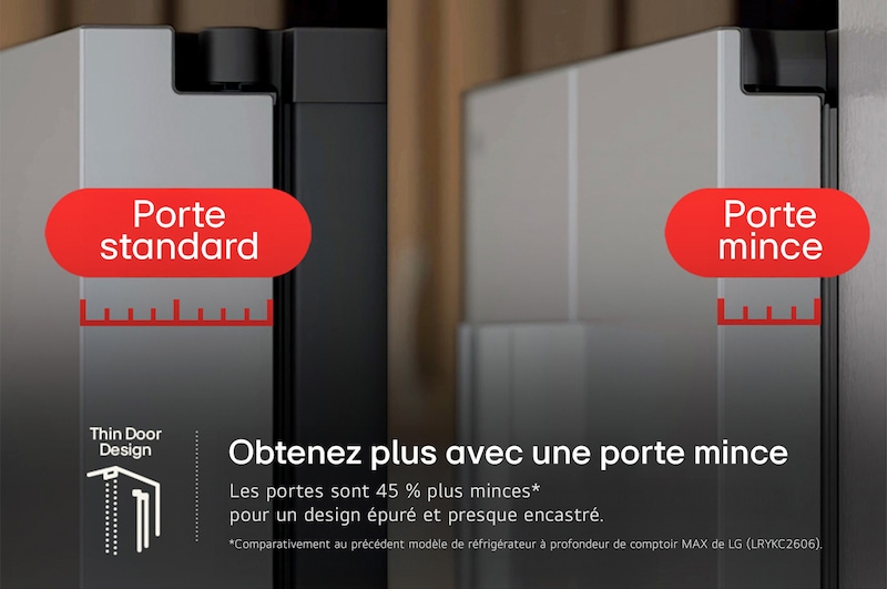 Graphique comparatif montrant le design de porte 45 % plus mince du réfrigérateur LG LF24Z6530S par rapport à une porte standard pour une apparence quasi encastrée.