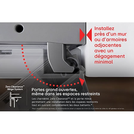 Gros plan sur la charnière Zero Clearance™ du réfrigérateur LG LF24Z6530S, permettant aux portes de s'ouvrir complètement même dans les espaces restreints.