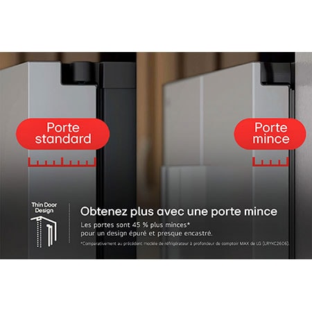 Graphique comparatif montrant le design de porte 45 % plus mince du réfrigérateur LG LF24Z6530S par rapport à une porte standard pour une apparence quasi encastrée.
