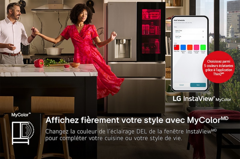 La fonction InstaView® MyColor™ du réfrigérateur LG LF29S8365S, montrant la lumière du panneau personnalisée via l'application ThinQ® avec 5 options de couleur.