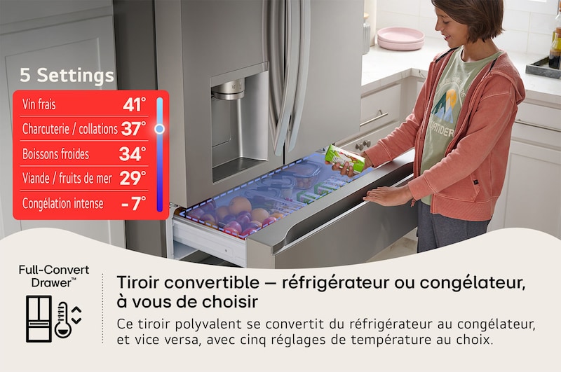 Le tiroir Full-Convert™ du réfrigérateur LG LF29S8365S, se convertissant entre les modes réfrigérateur et congélateur avec 5 réglages de température.