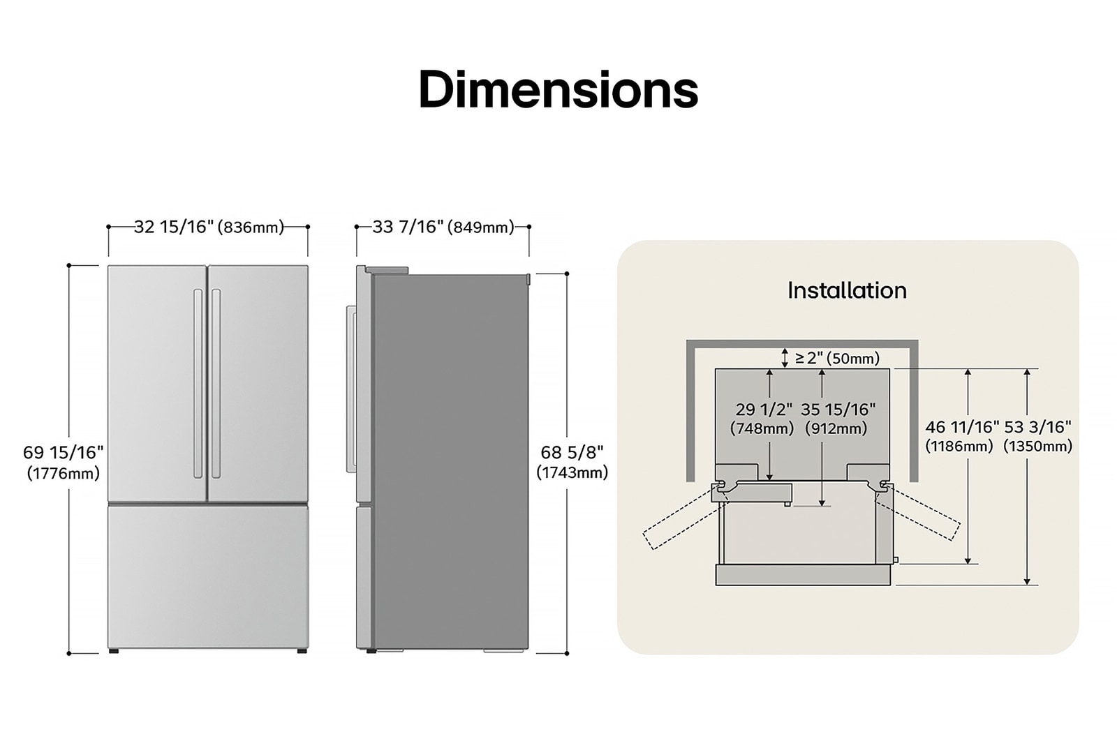 Dessin technique du réfrigérateur à portes françaises LG LF25H6330S : H 69 15/16 po (1776 mm), L 32 15/16 po (836 mm), P 33 7/16 po (849 mm), dégagements incl.