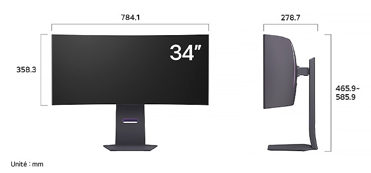 Moniteur LG UltraGear 34GS95QE affichant les dimensions de face et de profil, mesurant 784.1 mm de largeur, 358.3 mm de hauteur d'écran, 465.9 mm de hauteur totale et 278.7 mm de profondeur.