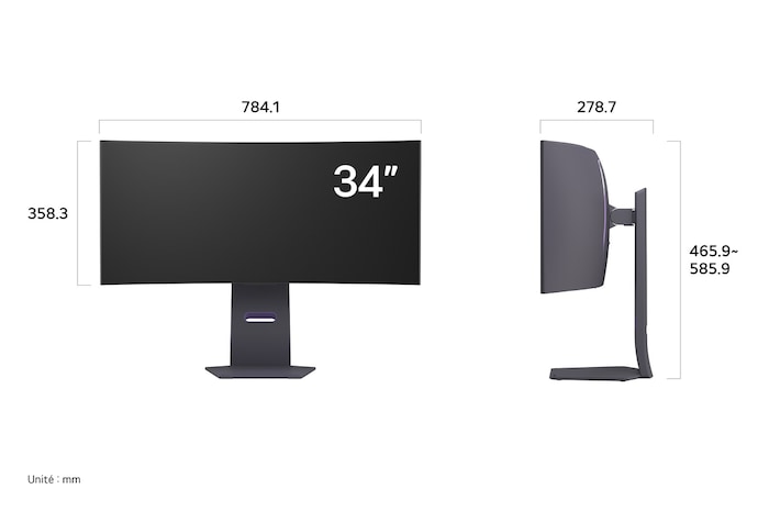 Moniteur LG UltraGear 34GS95QE affichant les dimensions de face et de profil, mesurant 784.1 mm de largeur, 358.3 mm de hauteur d'écran, 465.9 mm de hauteur totale et 278.7 mm de profondeur.