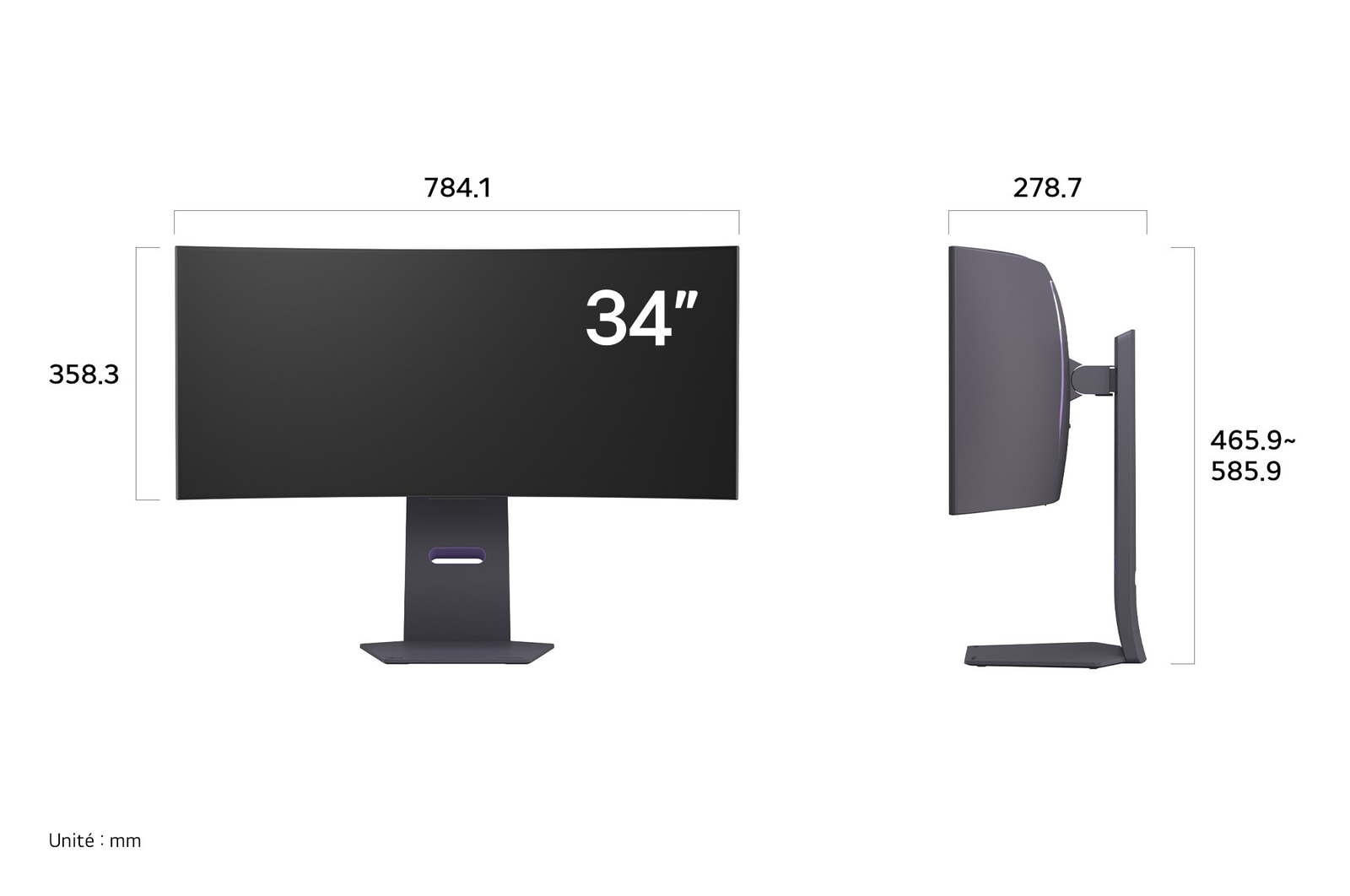 Moniteur LG UltraGear 34GS95QE affichant les dimensions de face et de profil, mesurant 784.1 mm de largeur, 358.3 mm de hauteur d'écran, 465.9 mm de hauteur totale et 278.7 mm de profondeur.