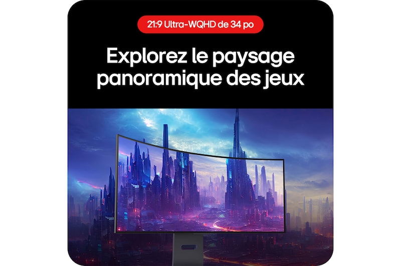 Moniteur Gaming LG UltraGear 34GS95QE permettant d'explorer le panorama du jeu grâce à son format 21:9 Ultra-WQHD.