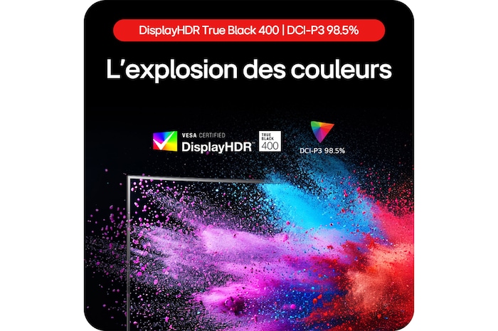Moniteur Gaming LG UltraGear 34GS95QE présentant une explosion de couleurs grâce à DisplayHDR True Black 400 et une couverture DCI-P3 98.5%.