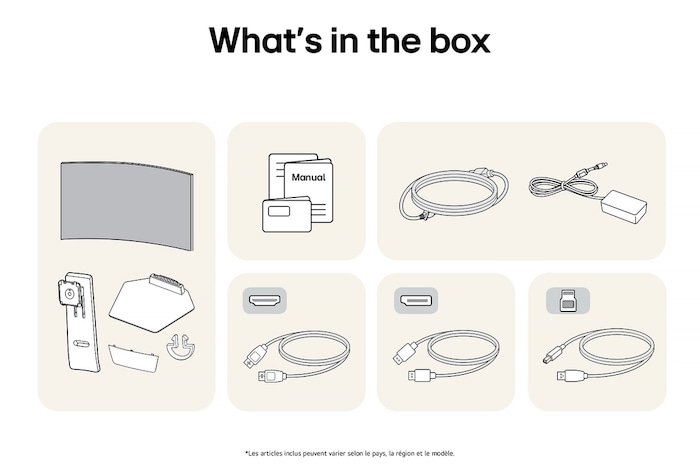 Moniteur Gaming LG UltraGear 34GS95QE affichant un aperçu de tous les composants fournis, incluant le corps du moniteur, les pièces du support, le manuel et les câbles HDMI, DP et USB.