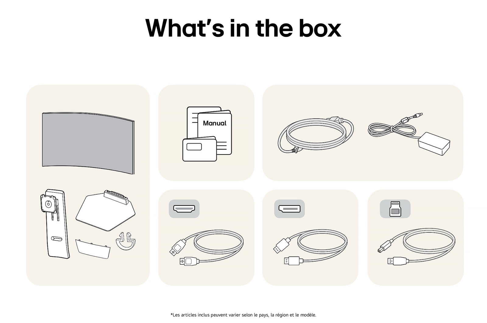 Moniteur Gaming LG UltraGear 34GS95QE affichant un aperçu de tous les composants fournis, incluant le corps du moniteur, les pièces du support, le manuel et les câbles HDMI, DP et USB.