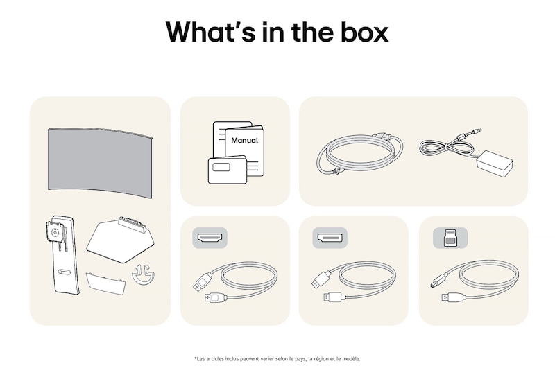 Moniteur Gaming LG UltraGear 34GS95QE affichant un aperçu de tous les composants fournis, incluant le corps du moniteur, les pièces du support, le manuel et les câbles HDMI, DP et USB.