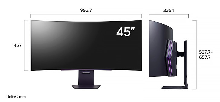 Moniteur LG UltraGear 45GS95QE-B affichant les dimensions de face et de profil, mesurant 992.7 mm de largeur, 457 mm de hauteur d'écran, 537.7 mm de hauteur totale et 335.1 mm de profondeur.