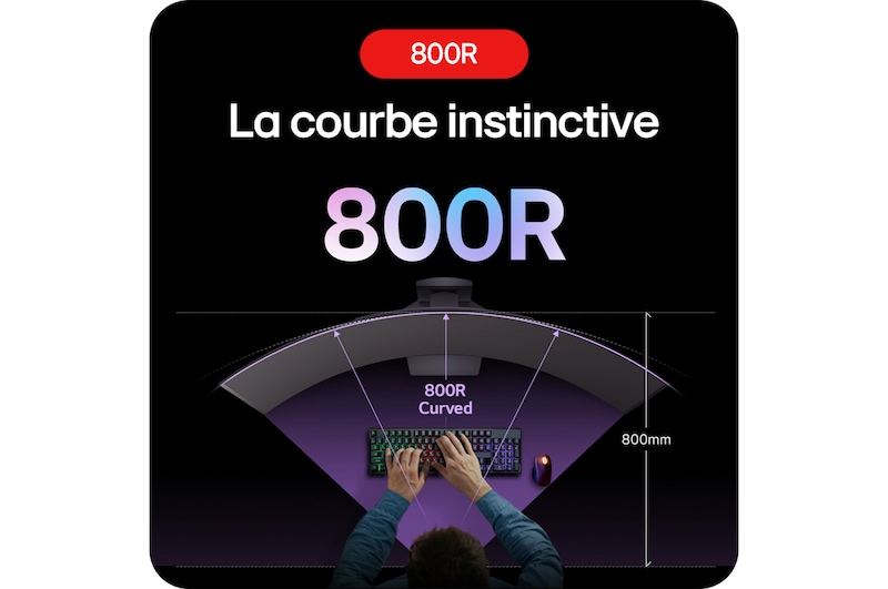 Moniteur Gaming LG UltraGear 45GS95QE-B présentant sa courbure 800R immersive, qui place intuitivement le joueur au cœur de l'action.