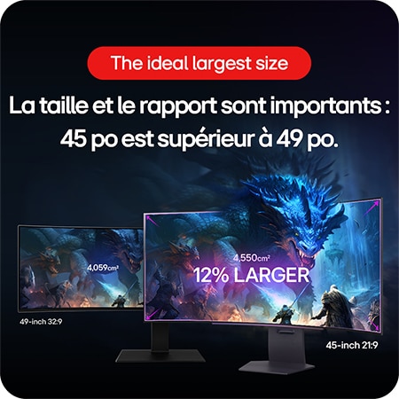 Moniteur Gaming LG UltraGear 45GS95QE-B présentant une comparaison de taille, démontrant que l'écran 45 pouces 21:9 est 12% plus grand avec une surface de 4,550 cm² qu'un moniteur 49 pouces 32:9.