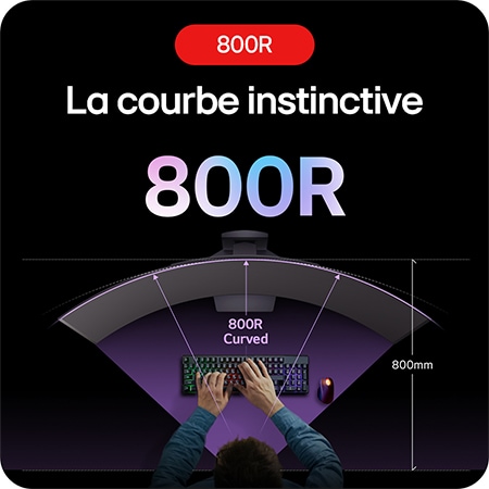 Moniteur Gaming LG UltraGear 45GS95QE-B présentant sa courbure 800R immersive, qui place intuitivement le joueur au cœur de l'action.