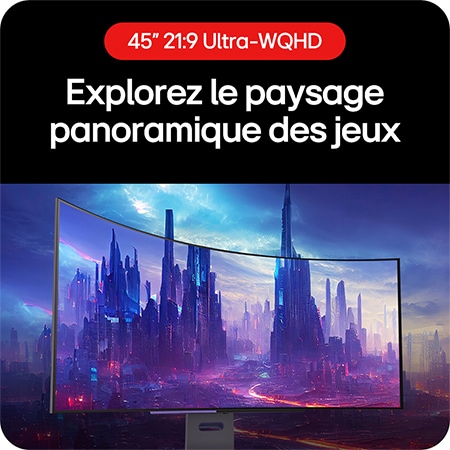 Moniteur Gaming LG UltraGear 45GS95QE-B permettant d'explorer le panorama du jeu grâce à son format 21:9 Ultra-WQHD.