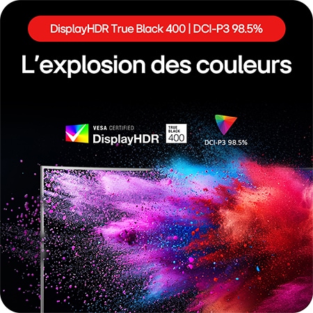 Moniteur Gaming LG UltraGear 45GS95QE-B présentant une explosion de couleurs grâce à DisplayHDR True Black 400 et une couverture DCI-P3 98.5%.