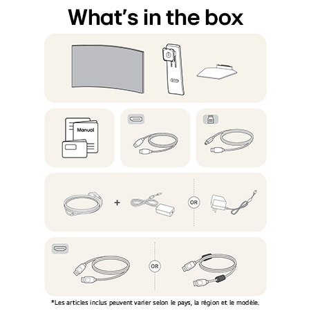 Moniteur Gaming LG UltraGear 45GS95QE-B affichant un aperçu de tous les composants fournis, incluant le corps du moniteur, les pièces du support, le manuel et les câbles HDMI, DP et USB.