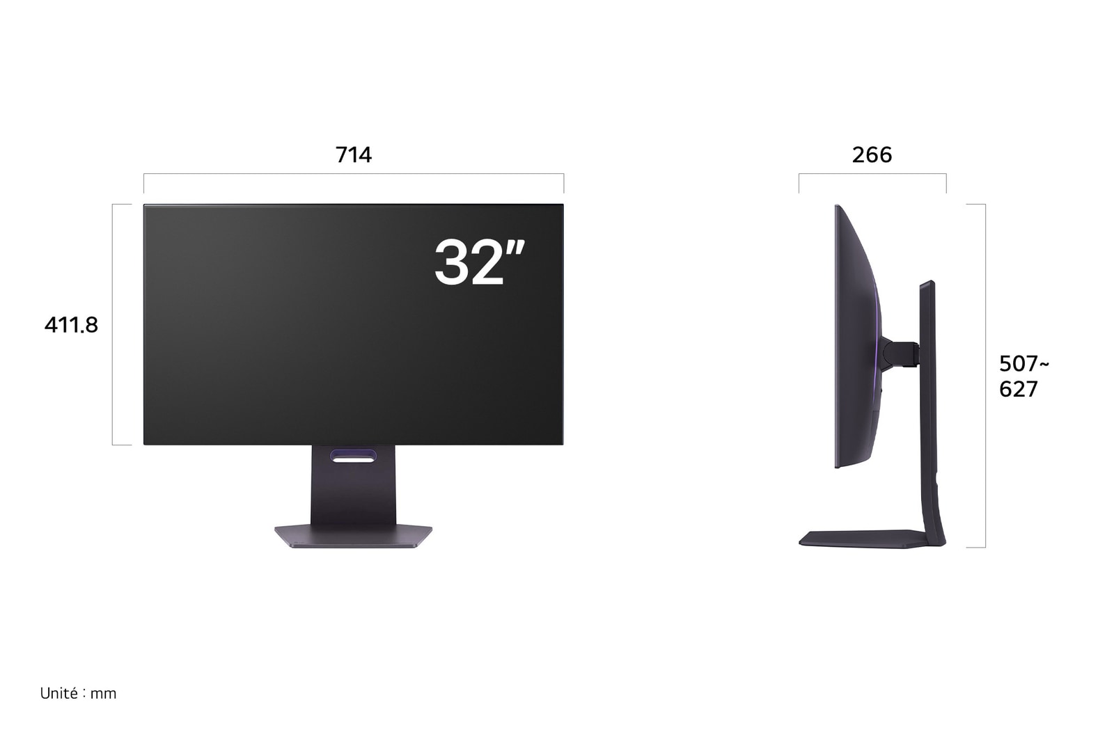 Moniteur LG UltraGear 32GS95UE-Baffichant les dimensions de face et de profil, mesurant 714 mm de largeur, 411.8 mm de hauteur d'écran, 507 mm de hauteur totale et 266 mm de profondeur.