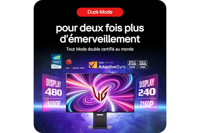 Moniteur Gaming LG UltraGear 32GS95UE-B, présentant le Dual Mode certifié VESA avec des taux de rafraîchissement de 4K 240 Hz et Full HD 480 Hz.