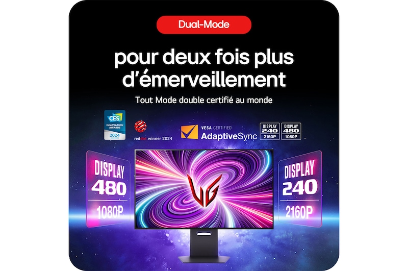 Moniteur Gaming LG UltraGear 32GS95UE-B, présentant le Dual Mode certifié VESA avec des taux de rafraîchissement de 4K 240 Hz et Full HD 480 Hz.