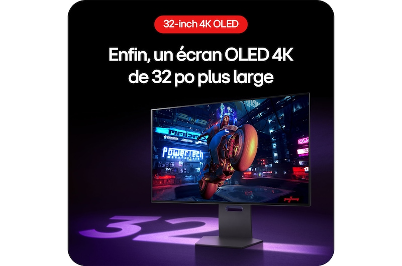 Moniteur Gaming LG UltraGear 32GS95UE-B, présentant l'écran OLED de 32 pouces pour une expérience de jeu plus large et plus immersive.