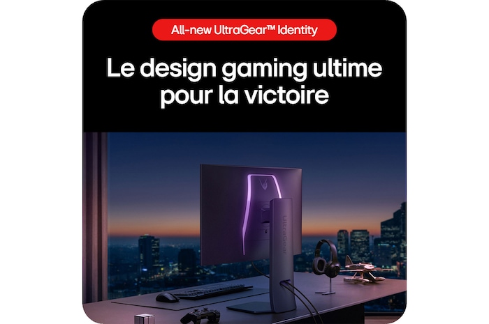 Moniteur Gaming LG UltraGear 32GS95UE-B, présentant le design gaming ultime avec un support minimaliste et un éclairage UltraGear pour la victoire.