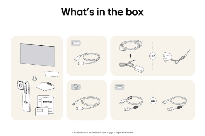 Illustration des accessoires fournis avec le Moniteur LG UltraGear 32GS95UE-B, détaillant le manuel, l'adaptateur secteur CA et les options de câble HDMI ou DisplayPort incluses.