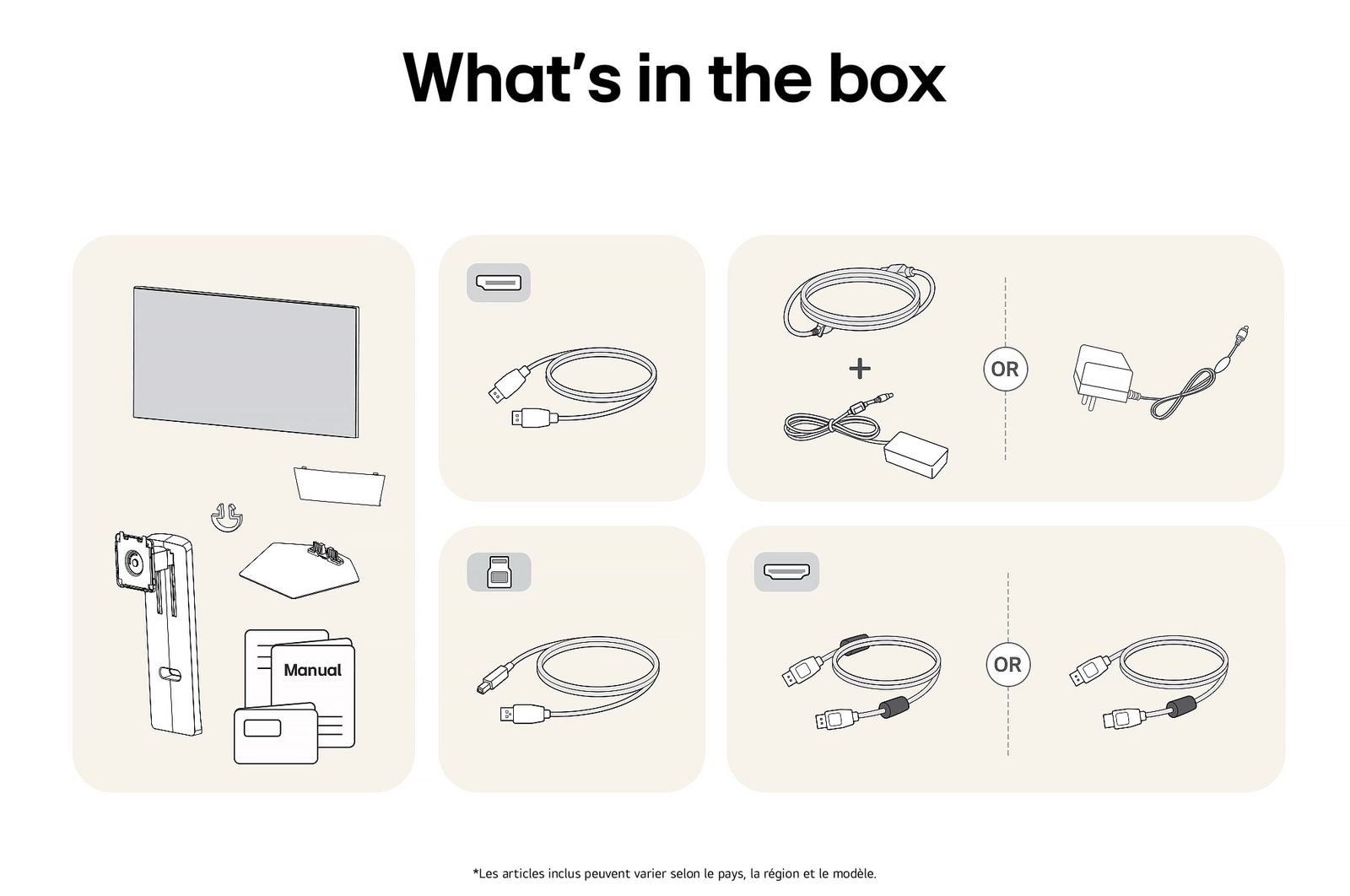 Illustration des accessoires fournis avec le Moniteur LG UltraGear 32GS95UE-B, détaillant le manuel, l'adaptateur secteur CA et les options de câble HDMI ou DisplayPort incluses.