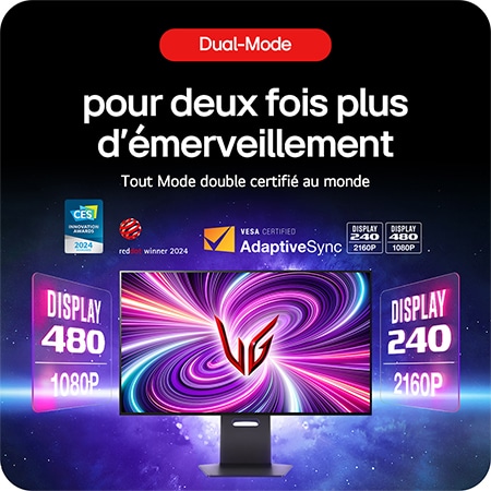 Moniteur Gaming LG UltraGear 32GS95UE-B, présentant le Dual Mode certifié VESA avec des taux de rafraîchissement de 4K 240 Hz et Full HD 480 Hz.