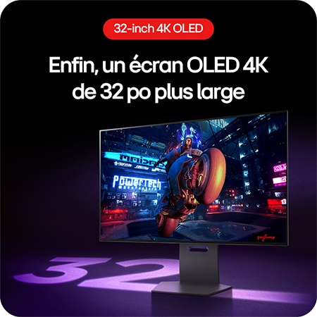 Moniteur Gaming LG UltraGear 32GS95UE-B, présentant l'écran OLED de 32 pouces pour une expérience de jeu plus large et plus immersive.