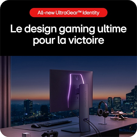 Moniteur Gaming LG UltraGear 32GS95UE-B, présentant le design gaming ultime avec un support minimaliste et un éclairage UltraGear pour la victoire.