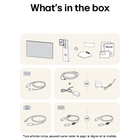Illustration des accessoires fournis avec le Moniteur LG UltraGear 32GS95UE-B, détaillant le manuel, l'adaptateur secteur CA et les options de câble HDMI ou DisplayPort incluses.