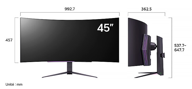  Moniteur LG UltraGear 45GS96QB au fini noir affichant les dimensions de face et de profil, mesurant 992.7 mm de largeur, 457 mm de hauteur d'écran, 537.7 - 647.7 mm de hauteur totale et 362.5 mm de profondeur.
