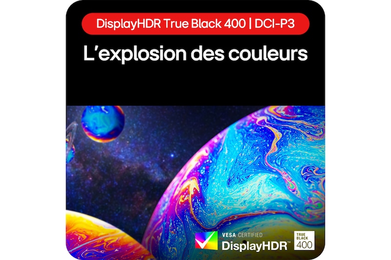 Moniteur Gaming LG UltraGear 45GS96QB présentant une explosion de couleurs grâce à DisplayHDR True Black 400 et une couverture DCI-P3.