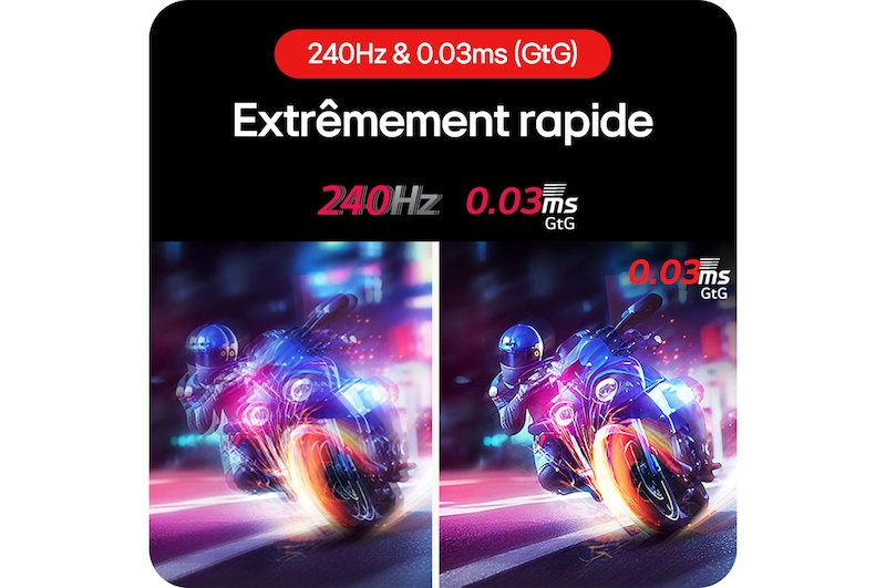 Moniteur Gaming LG UltraGear 45GS96QB assurant des mouvements ultra-rapides en jeu avec un taux de rafraîchissement de 240 Hz et un temps de réponse de 0.03 ms (GtG).