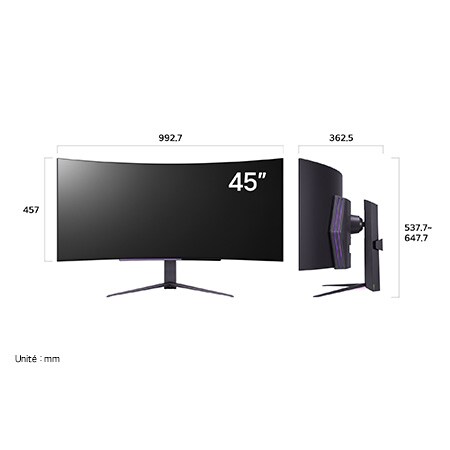  Moniteur LG UltraGear 45GS96QB au fini noir affichant les dimensions de face et de profil, mesurant 992.7 mm de largeur, 457 mm de hauteur d'écran, 537.7 - 647.7 mm de hauteur totale et 362.5 mm de profondeur.