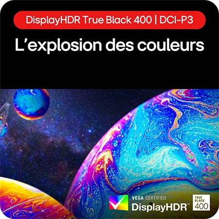 Moniteur Gaming LG UltraGear 45GS96QB présentant une explosion de couleurs grâce à DisplayHDR True Black 400 et une couverture DCI-P3.