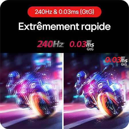 Moniteur Gaming LG UltraGear 45GS96QB assurant des mouvements ultra-rapides en jeu avec un taux de rafraîchissement de 240 Hz et un temps de réponse de 0.03 ms (GtG).