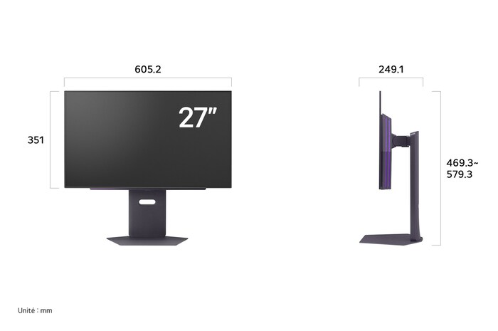 Moniteur LG 27GX790A au fini sombre affichant les dimensions de face et de profil, mesurant 605.2 mm de largeur, 351 mm de hauteur d'écran, 469.3 mm de hauteur totale et 249.1 mm de profondeur.