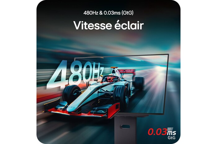 Moniteur LG 27GX790A présentant des performances ultra-rapides avec un taux de rafraîchissement de 480Hz et un temps de réponse de 0.03ms (GtG) pour un jeu rapide et fluide.