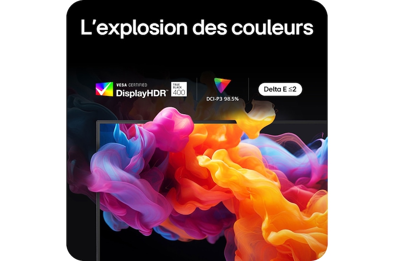 Moniteur LG 27GX790A offrant une explosion de couleurs avec certification VESA DisplayHDR™ 400 (True Black), 98.5% de l'espace couleur DCI-P3 et précision Delta E ≤ 2.