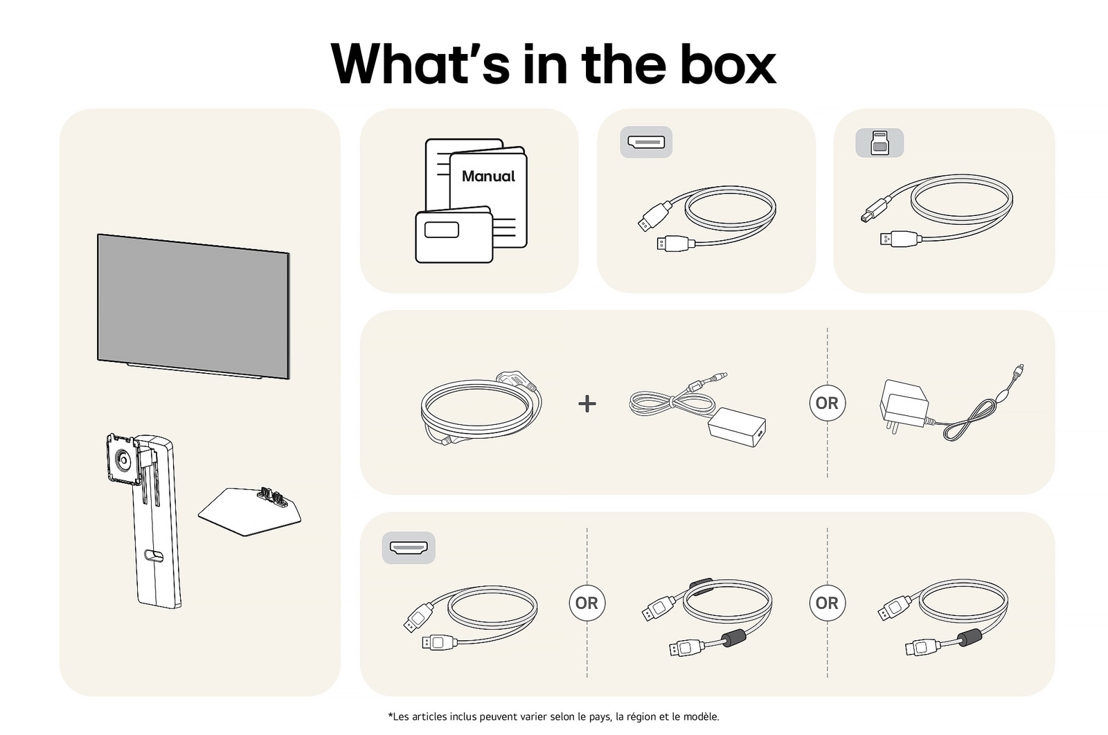 Moniteur LG 27GX790A affichant un aperçu de tous les composants fournis, incluant le corps du moniteur, les pièces du support, le manuel, l'adaptateur secteur et les câbles HDMI et DP.