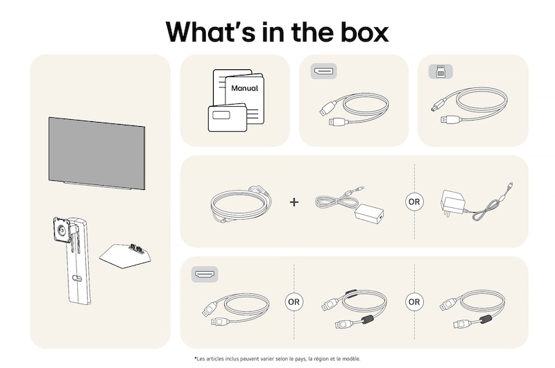 Moniteur LG 27GX790A affichant un aperçu de tous les composants fournis, incluant le corps du moniteur, les pièces du support, le manuel, l'adaptateur secteur et les câbles HDMI et DP.