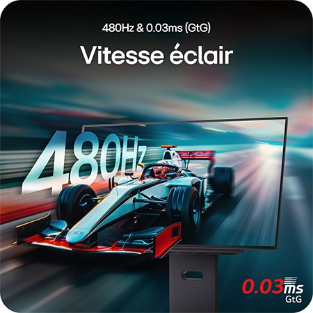 Moniteur LG 27GX790A présentant des performances ultra-rapides avec un taux de rafraîchissement de 480Hz et un temps de réponse de 0.03ms (GtG) pour un jeu rapide et fluide.