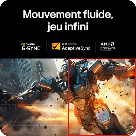 Moniteur LG 27GX790A assurant un mouvement fluide grâce à la prise en charge de NVIDIA G-SYNC Compatible, VESA AdaptiveSync et AMD FreeSync Premium Pro.