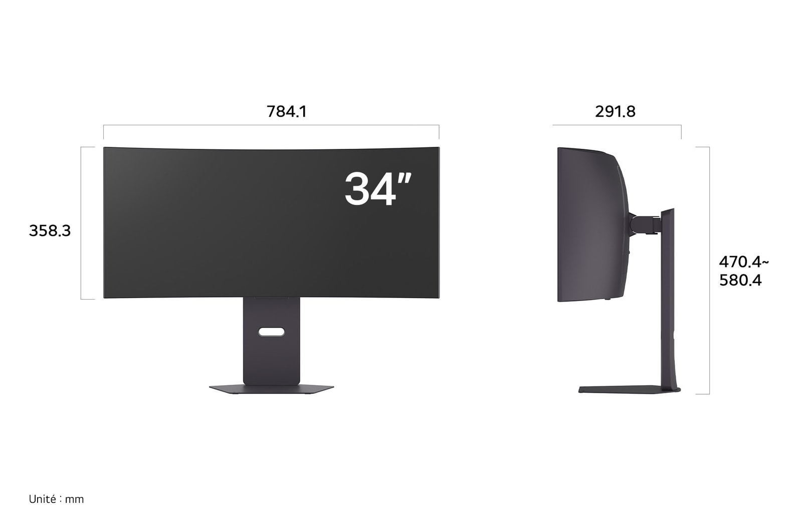 Moniteur LG 34GX900A au fini sombre affichant les dimensions de l'écran incurvé, mesurant 784.1 mm de largeur, 358.3 mm de hauteur d'écran, 470.4~580.4 mm de hauteur totale et 291.8 mm de profondeur.